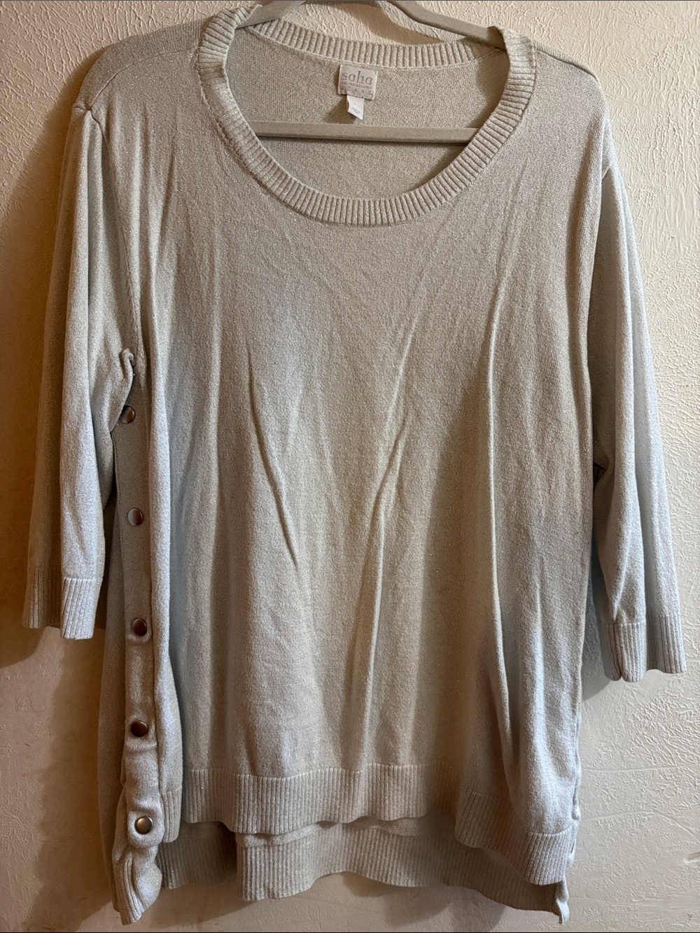 New York & Company Light Gray Scoop Neck Side-Button Sweater